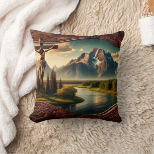 Jesus Crucified In Front of Majestic Mountains Cushion