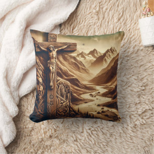 Jesus Crucified in Mountain Landscape Cushion
