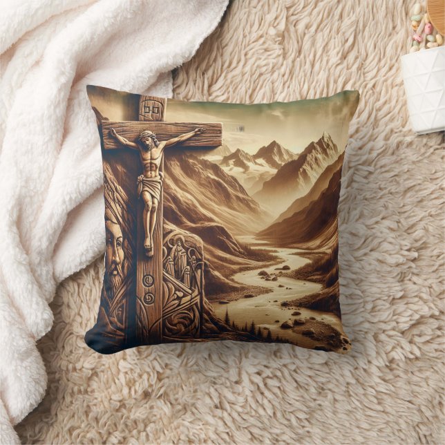 Jesus Crucified in Mountain Landscape Cushion (Blanket)