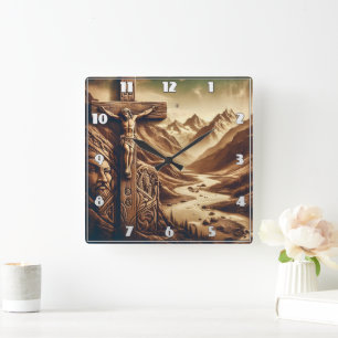 Jesus Crucified in Mountain Landscape Square Wall Clock