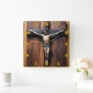 Jesus Crucified on a Wooden Cross Square Wall Clock