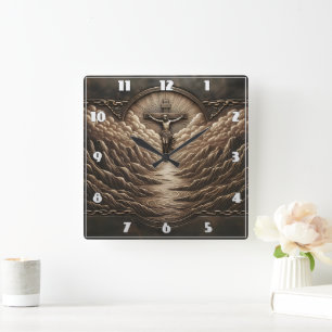 Jesus Crucified Over Majestic Mountain Landscape Square Wall Clock