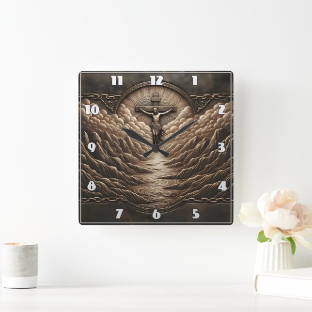 Jesus Crucified Over Majestic Mountain Landscape Square Wall Clock (Home)