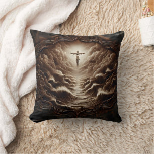 Jesus Crucifixion Over Stormy Ocean Waves Cushion