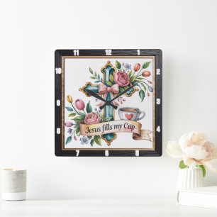 Jesus Cup Floral Cross  Square Wall Clock