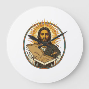 Jesus Deceived By Empty Pizza Box Party Food Humor Large Clock
