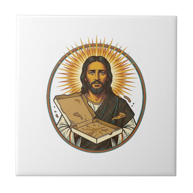 Jesus Deceived By Empty Pizza Box Party Food Humou Ceramic Tile (Front)