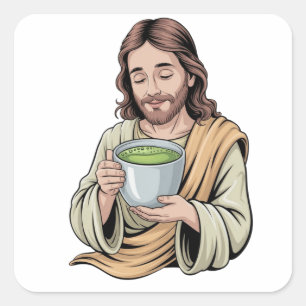 Jesus Drinking Matcha Drink Christian Square Sticker