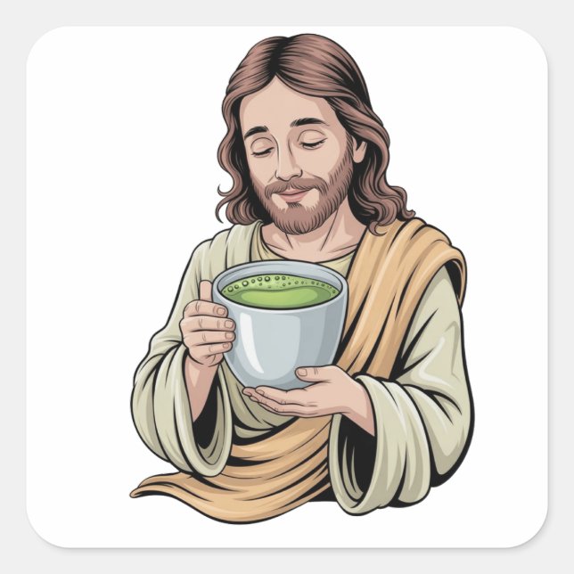 Jesus Drinking Matcha Drink Christian  Square Sticker (Front)