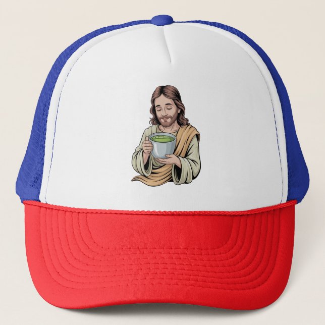 Jesus Drinking Matcha Drink Christian  Trucker Hat (Front)