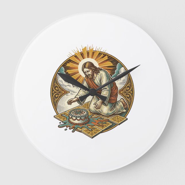 Jesus Dropped Birthday Cake Face Down Kitchen Floo Large Clock (Front)