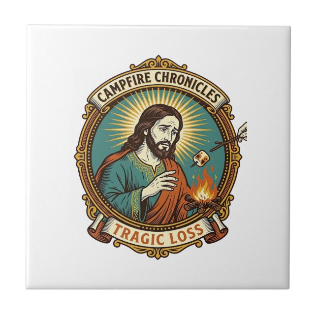 Jesus Dropped Marshmallow Campfire Party Fail Humo Ceramic Tile (Front)