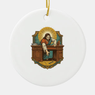 Jesus Dropped Pen Behind Heavy Desk Clumsy Humor_1 Ceramic Ornament