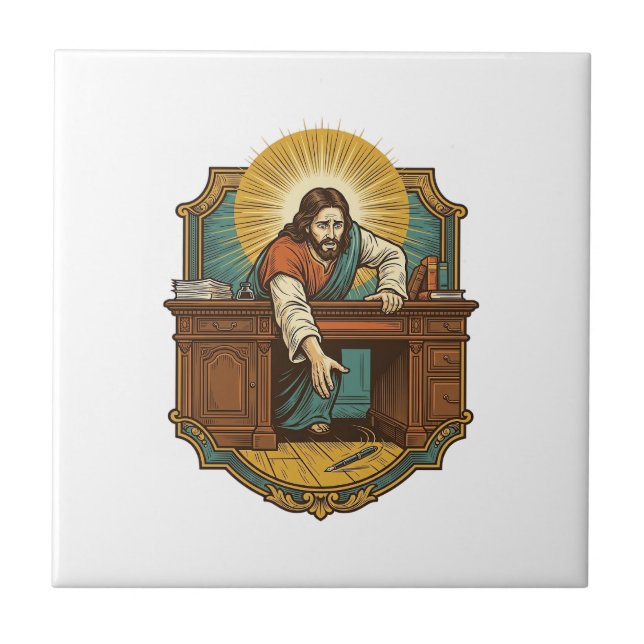 Jesus Dropped Pen Behind Heavy Desk Clumsy Humor_1 Ceramic Tile (Front)