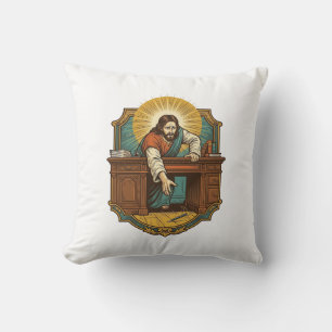 Jesus Dropped Pen Behind Heavy Desk Clumsy Humor_1 Cushion