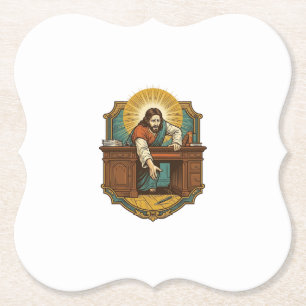 Jesus Dropped Pen Behind Heavy Desk Clumsy Humor_1 Paper Coaster