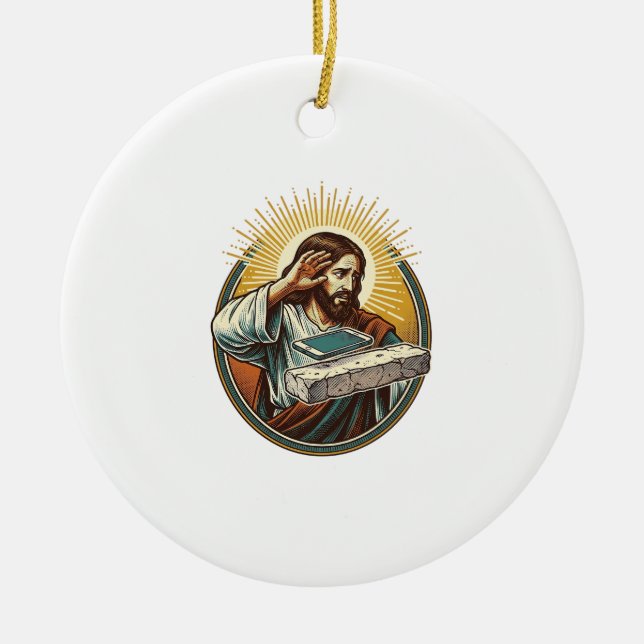 Jesus Dropped Phone Face Flat Concrete Panic Scree Ceramic Ornament (Front)