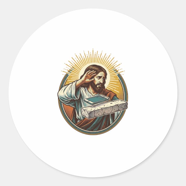 Jesus Dropped Phone Face Flat Concrete Panic Scree Classic Round Sticker (Front)