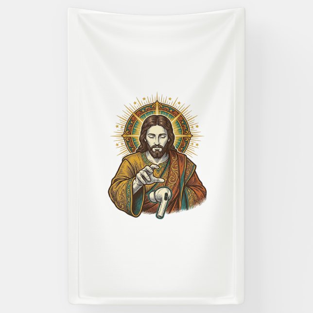 Jesus Dropped Wireless Earbud Under Desk Tech Clum Banner (Vertical)