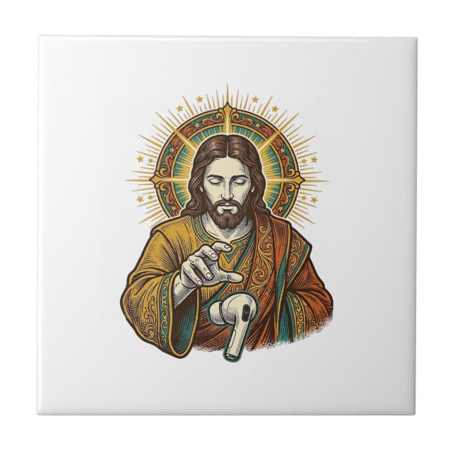Jesus Dropped Wireless Earbud Under Desk Tech Clum Ceramic Tile (Front)