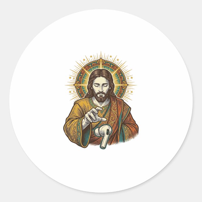 Jesus Dropped Wireless Earbud Under Desk Tech Clum Classic Round Sticker (Front)