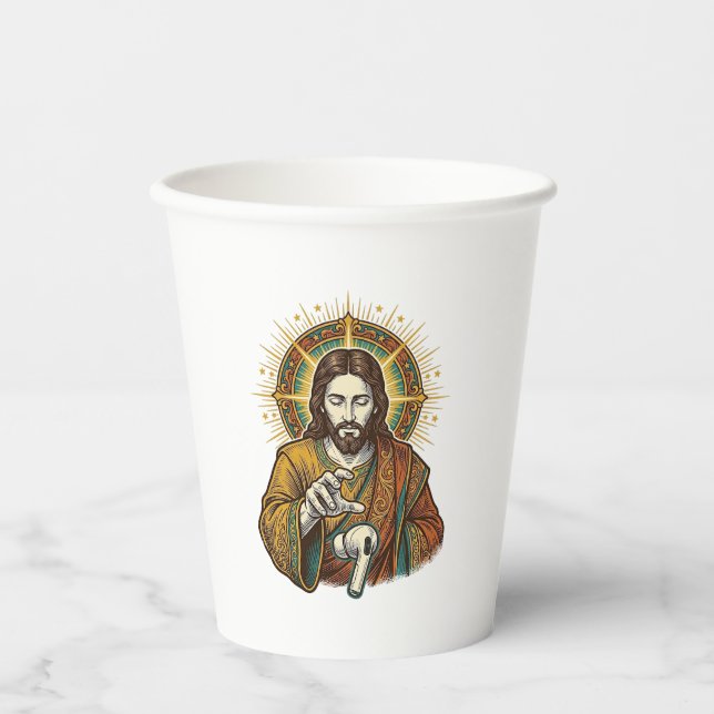 Jesus Dropped Wireless Earbud Under Desk Tech Clum Paper Cups (Front)