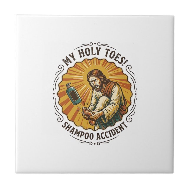 Jesus Dropping Shampoo Bottle On Foot Shower Pain  Ceramic Tile (Front)