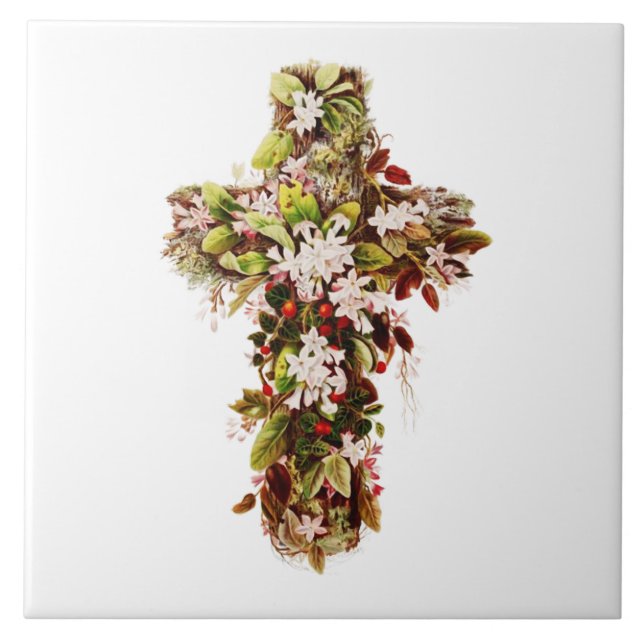 Jesus Easter Sunday Flowering cross  Ceramic Tile (Front)