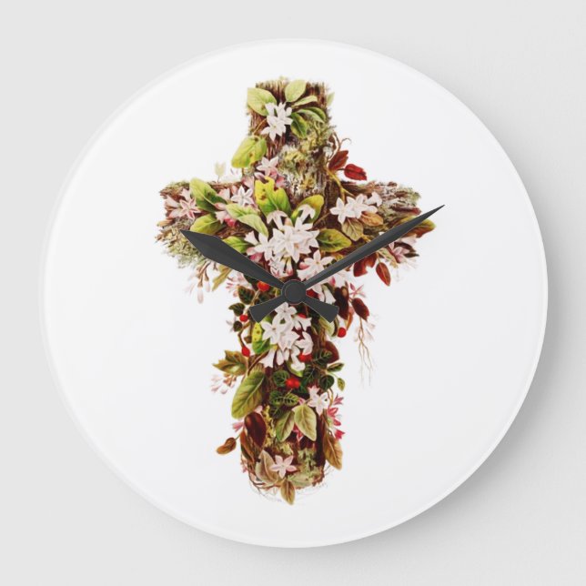 Jesus Easter Sunday Flowering cross  Large Clock (Front)