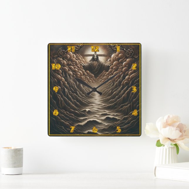 Jesus Emerges From Clouds Over Serene Waters Square Wall Clock (Home)