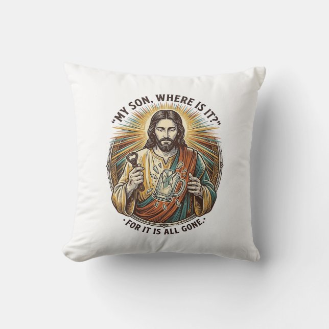 Jesus Empty Broken Beer Mug Bartender Drinking Hum Cushion (Front)