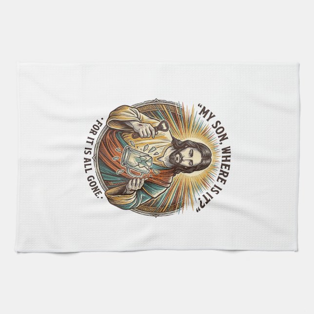 Jesus Empty Broken Beer Mug Bartender Drinking Hum Tea Towel (Horizontal)