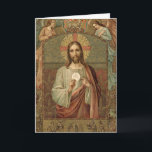 Jesus Eucharist First Holy Communion Angels Host  Card<br><div class="desc">Featuring a beautiful First Holy Communion image of Jesus holding the Blessed Eucharist with angels above. 
All text and fonts can be modified.</div>