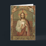 Jesus Eucharist First Holy Communion Angels Host  Card<br><div class="desc">Featuring a beautiful First Holy Communion image of Jesus holding the Blessed Eucharist with angels above. 
All text and fonts can be modified.</div>