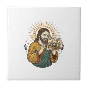 Jesus Eyes Closed Tagged Group Photo Unflattering Ceramic Tile