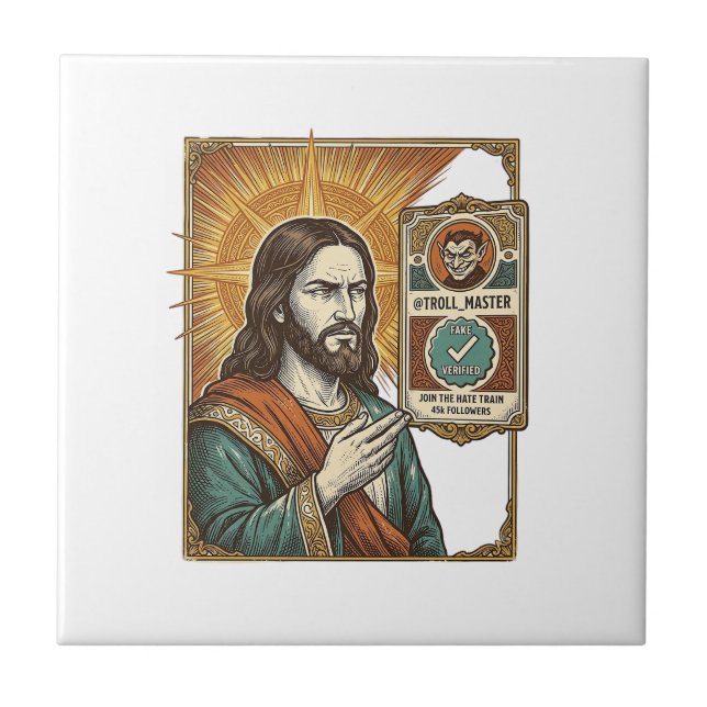 Jesus Fake Verified Checkmark Scam Troll Social Hu Ceramic Tile (Front)