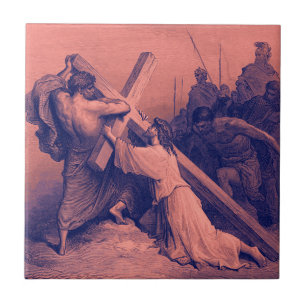 Jesus Falling Beneath the Cross Bible Ceramic Tile