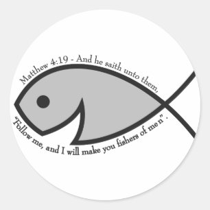 Jesus fish BW Matthew 4 19.png Classic Round Sticker