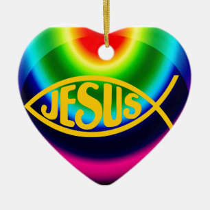 JESUS FISH ICHTHYS CHRIST RAINBOW CERAMIC ORNAMENT