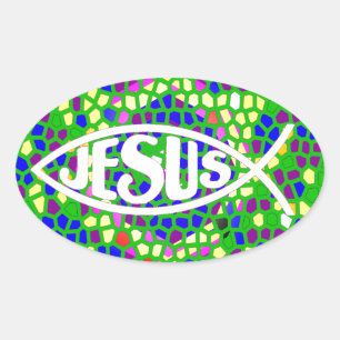 JESUS FISH ICHTHYS GREEN STAINED GLASS WINDOW OVAL STICKER