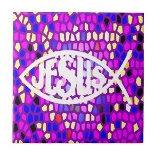 JESUS FISH ICHTHYS STAINED GLASS WINDOW PURPLE CERAMIC TILE
