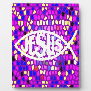 JESUS FISH ICHTHYS STAINED GLASS WINDOW PURPLE PLAQUE