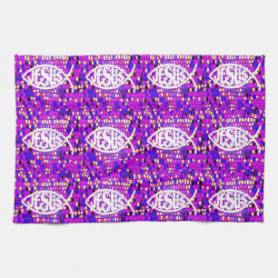 JESUS FISH ICHTHYS STAINED GLASS WINDOW PURPLE TEA TOWEL
