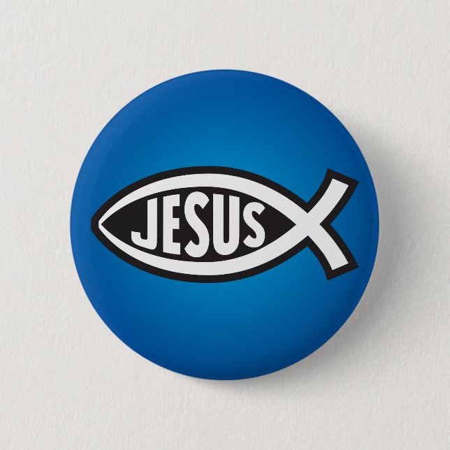 Jesus Fish Secret Symbol Ichthys ΙΧΘΥΣ Blue 6 Cm Round Badge (Front)