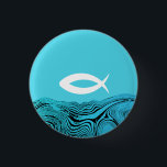 Jesus Fish Wavy Waters 3 Cm Round Badge<br><div class="desc">Jesus Fish Christian symbol on abstract blue wavy waters.</div>