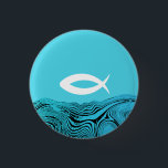 Jesus Fish Wavy Waters 3 Cm Round Badge<br><div class="desc">Jesus Fish Christian symbol on abstract blue wavy waters.</div>