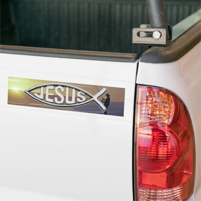 Jesus Fish with Sunset and fisherman Bumper Sticker (On Truck)