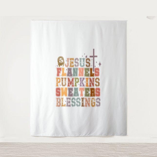 Jesus Flannels Pumpkins Sweaters Blessings Tapestry (Front)