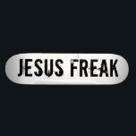 Jesus Freak White Skateboard<br><div class="desc">Rip it up and show your love for your Lord and Saviour at the same time!  This board is a great way to start conversations about God with others you may encounter.  Stand up for the Lord!  You can customise the font type and font colour.</div>