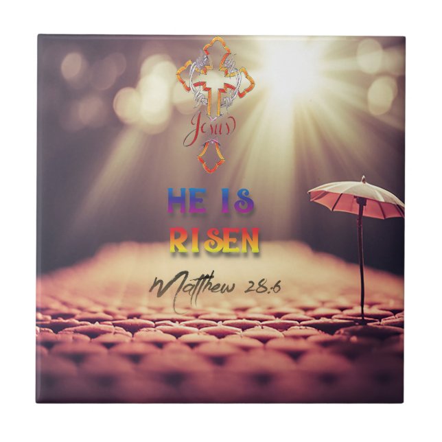Jesus Golden Cross He Is Risen Matthew 28:6 Ceramic Tile (Front)